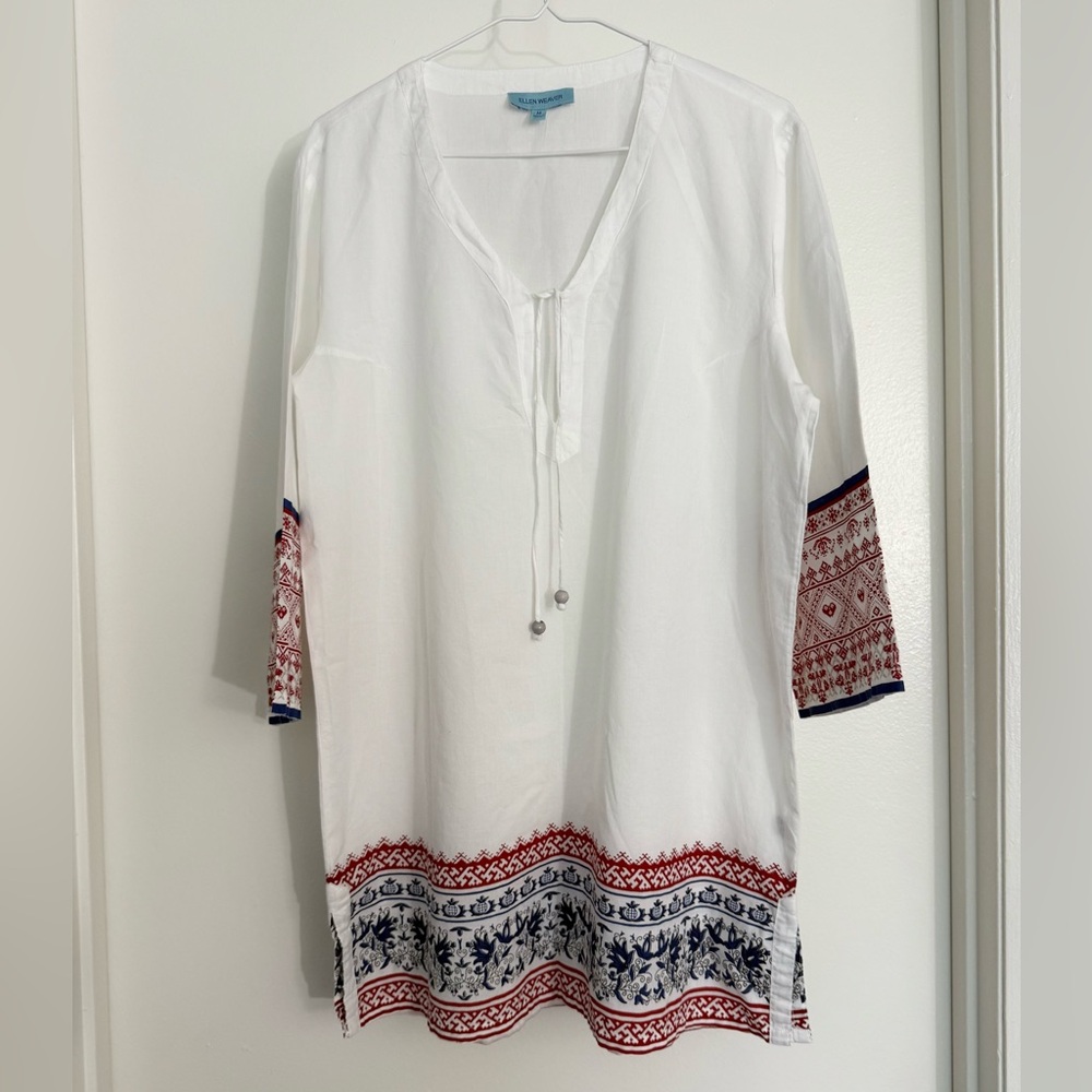 Ellen Weaver White Boho Tunic with Red and Blue Pattern